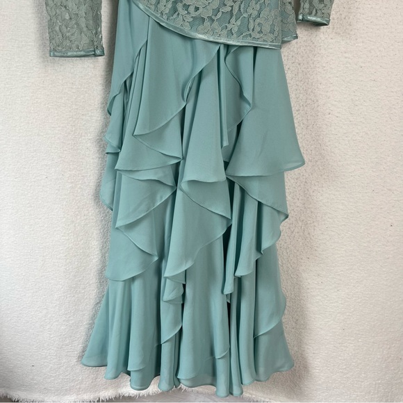 Vintage 70 80s Cheryl Kaye Sea Green Lace Asymmetric Cascading Ruffle Wrap Dress - Picture 14 of 16